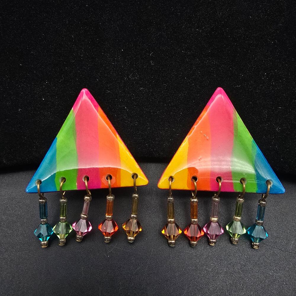 Rainbow Geometric Beaded Clip On Earrings Vintage 1980s Jewelry